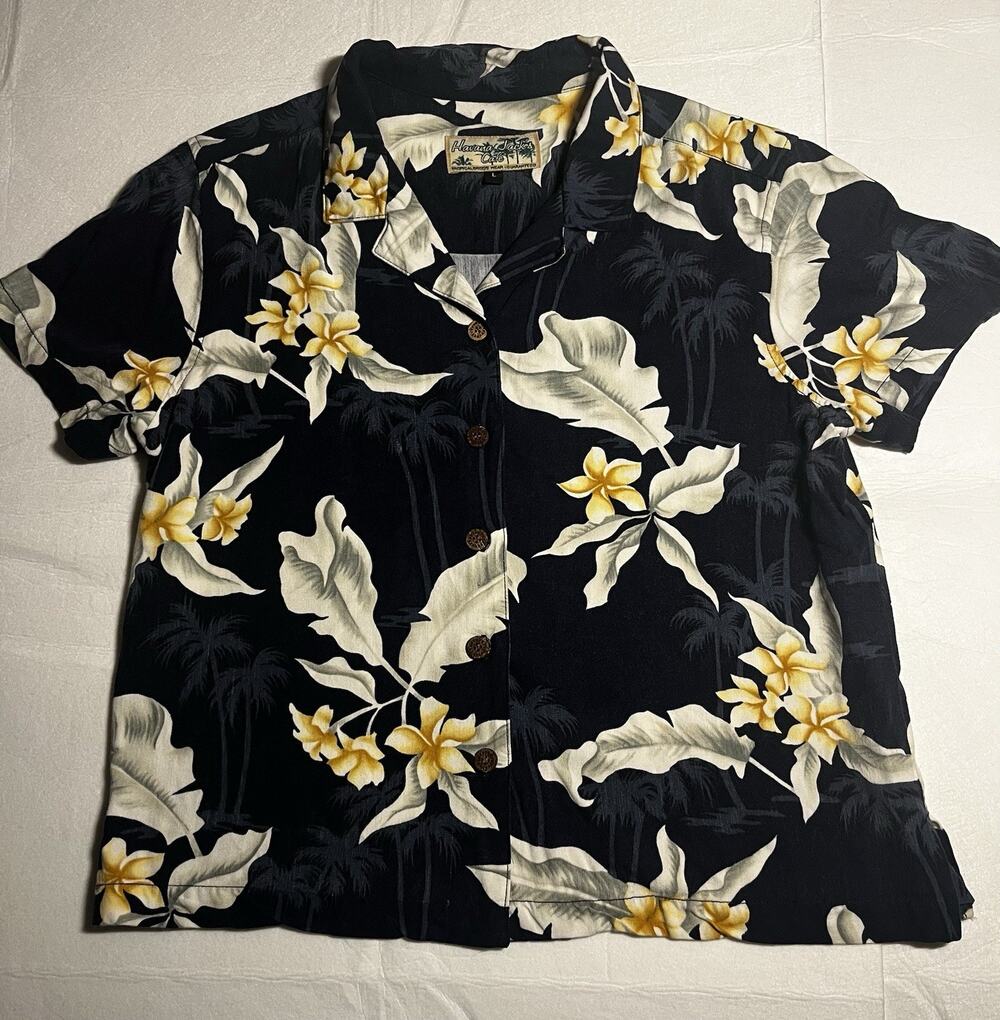 Havana Jacks Cafe Womens L Hawaiian Shirt Black Floral Tropical Rayon Camp L